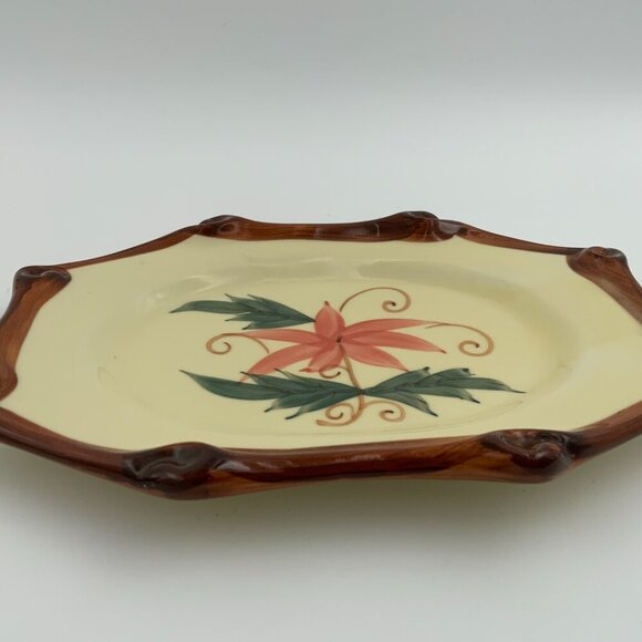 Vintage Rectangular Asian Pink Flower Brown Rim Serving Plate Stamped Wealth - Picture 5 of 7